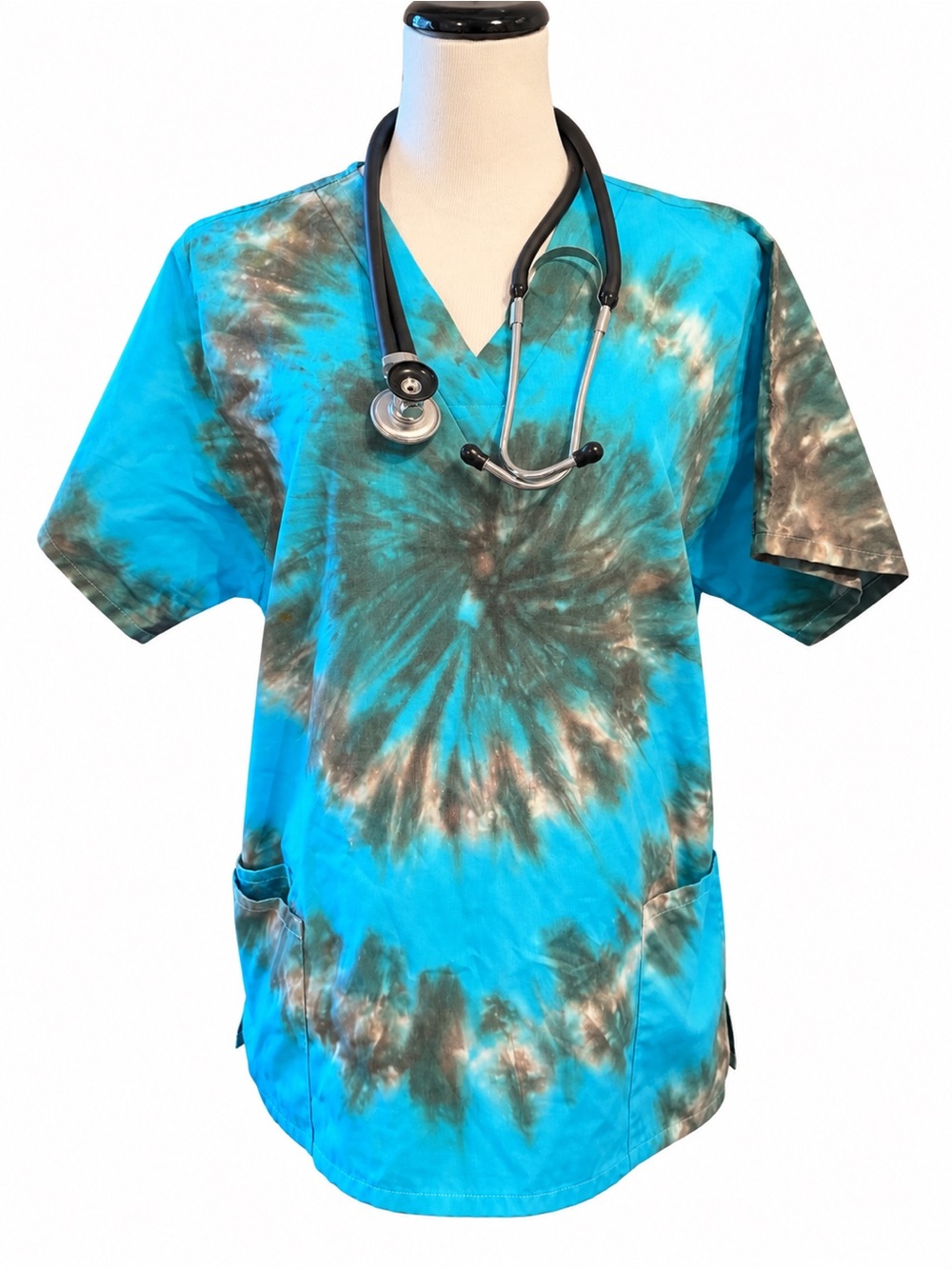 Large Tie-Dye V-Neck Scrub Top - Turquoise & Gray, Unisex